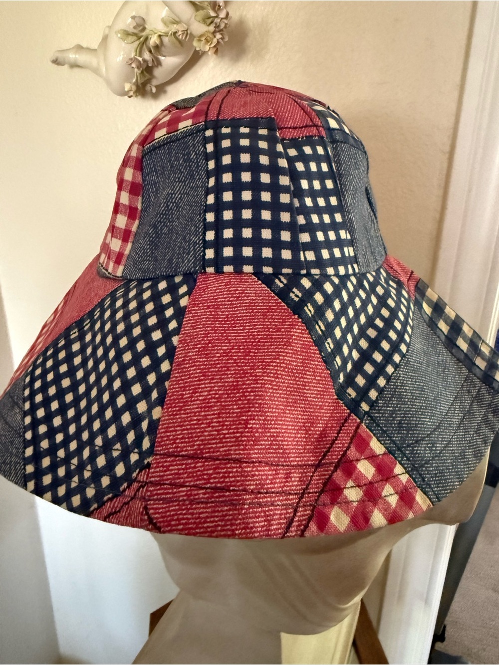 Vintage Patchwork Wide Brim bucket Hat - Red & Blue